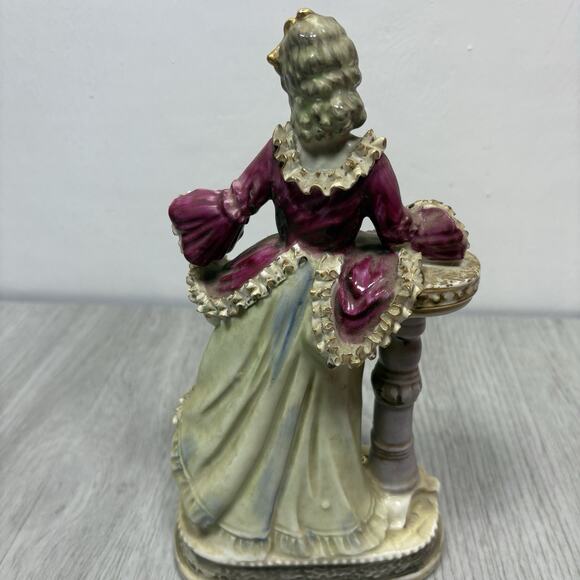 Victorian Man & Woman Figurines Ruffle Gold Trim Outfit Marked Bone China Lace - Picture 11 of 13